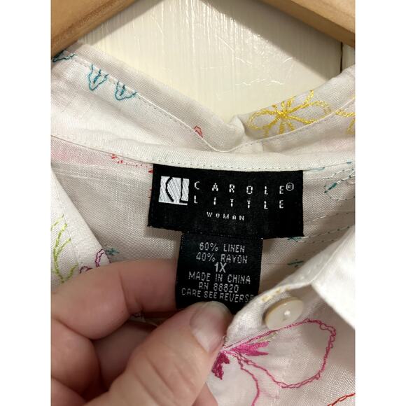 Women's Carole Little White Embroidered Linen Button Down Petite XL - Picture 2 of 6